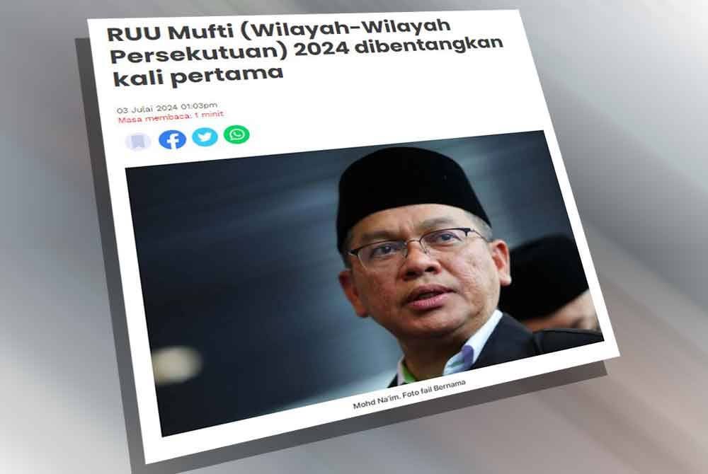 Rang Undang-Undang Mufti (Wilayah-Wilayah Persekutuan) 2024 dibentangkan bagi bacaan kali pertama di Dewan Rakyat Julai lalu, antara lain untuk mengadakan peruntukan bagi perkara yang berhubungan dengan mufti, penentuan perkara mengenai hukum dan doktrin syarak serta perkara yang berkaitan.