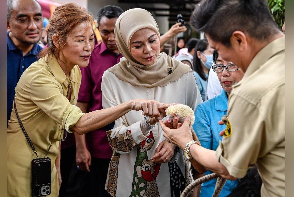 Tengku Permaisuri Norashikin (tengah) berkenan melawat ke ruang pameran haiwan pada Program Hari Haiwan Sedunia 2024 di Persatuan Pencegahan Kezaliman Terhadap Haiwan (SPCA), hari ini. - Foto: Bernama