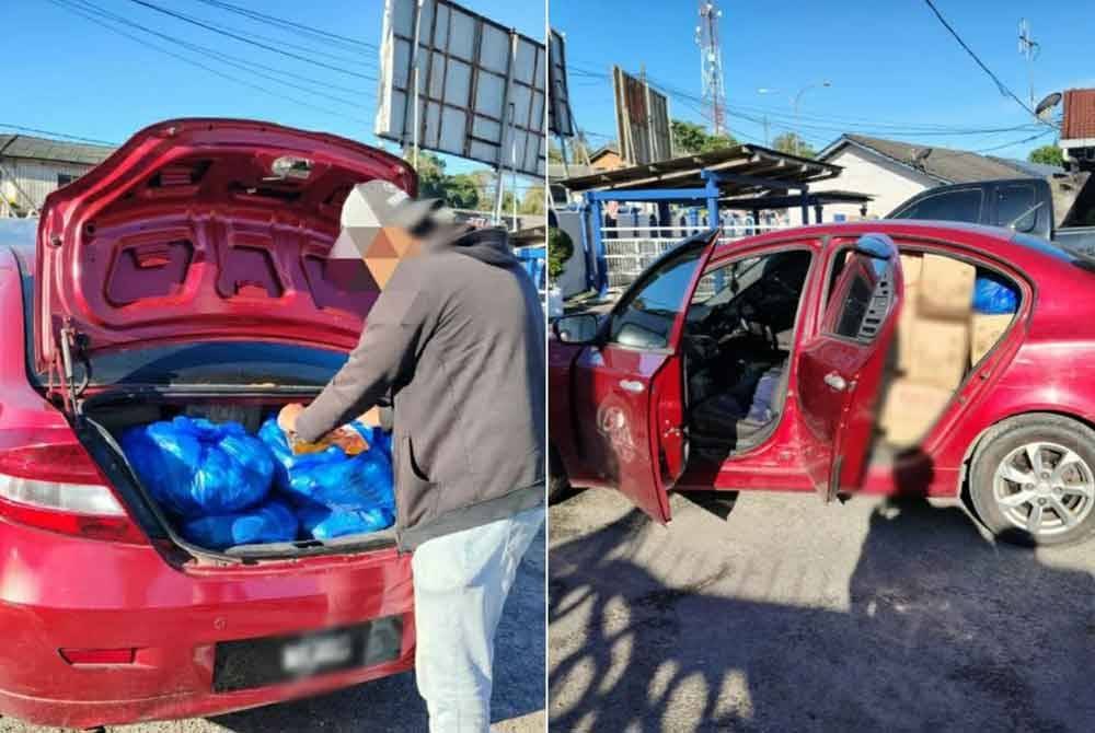 Hasil pemeriksaan mendapati kenderaan tersebut membawa 850 kilogram minyak masak bersubsidi yang disimpan di dalam kotak dan plastik biru di bahagian penumpang dan but kereta. - Foto: FB KPDN Kelantan