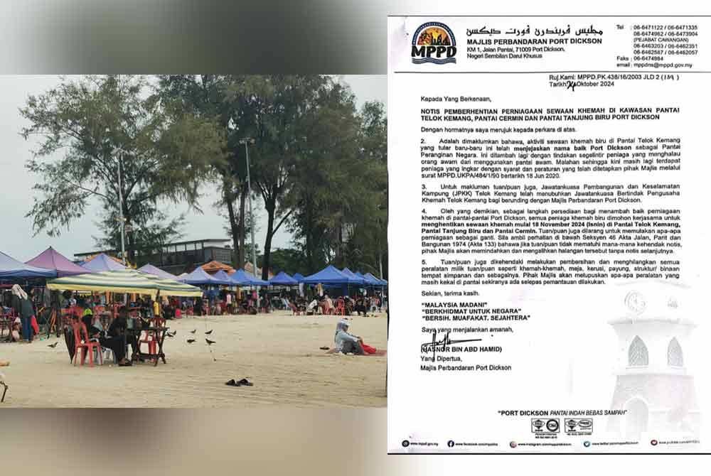 Notis pemberhentian perniagaan sewaan khemah di tiga pantai di Port Dickson