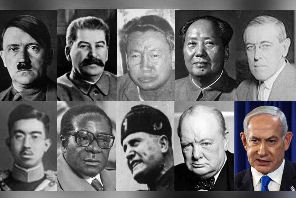 Gambar atas dari kiri: Adolf Hitler, Joseph Stalin,Pol Pot, Mao Zedong, Woodrow Wilson, bawah kiri: Maharaja Hirohito, Robert Mugabe, Benito Mussolini, Winston Churchill, Benjamin Netanyahu