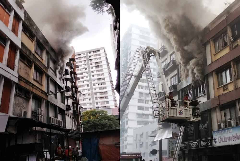 Rumah kedai tiga tingkat di Lorong Haji Taib 5, Kuala Lumpur marak dijilat api pada Isnin. - Foto: JBPM.