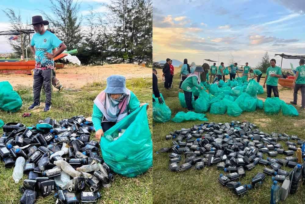 Sebahagian botol minyak 2T yang dijumpai di buang di merata-rata tempat dikumpul oleh kumpulan sukarelawan untuk dibuang ke tempat selamat atau dikitar semula.