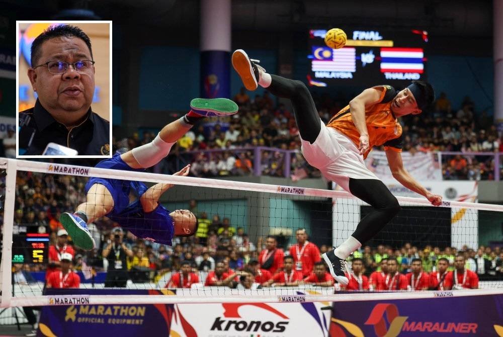 Aksi regu negara semasa Piala Dunia Sepak Takraw 2024 di Stadium Titiwangsa, Kuala Lumpur, Mei lalu. Gambar kecil: Sumali