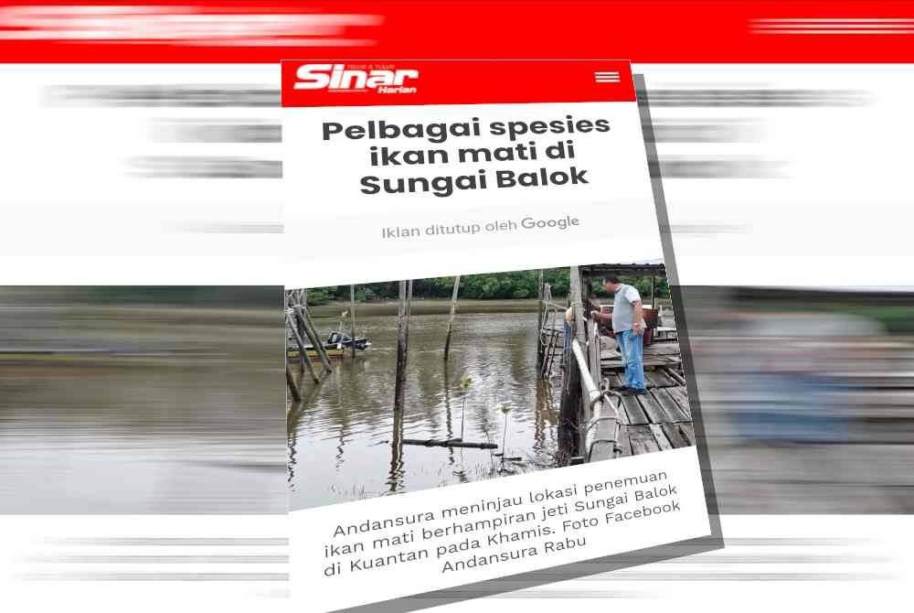 Laporan Sinar Harian mengenai ikan mati di Sungai Balok.