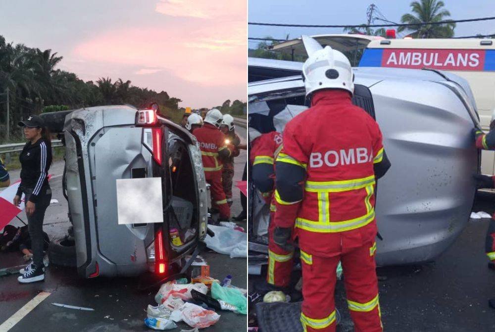 Keadaan Perodua Aruz yang terbabit dalam kemalangan di Batu 32 Bukit Tarap, Sandakan.