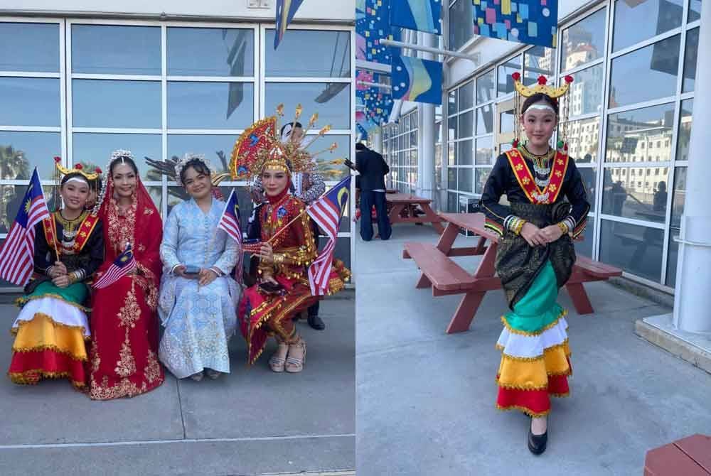 Qahirah Maisarah (kiri) memperagakan baju etnik Bisaya yang direka khas ketika upacara pembukaan World Championships of Performing Arts (WCOPA) yang ke-27 di California, Amerika Syarikat.