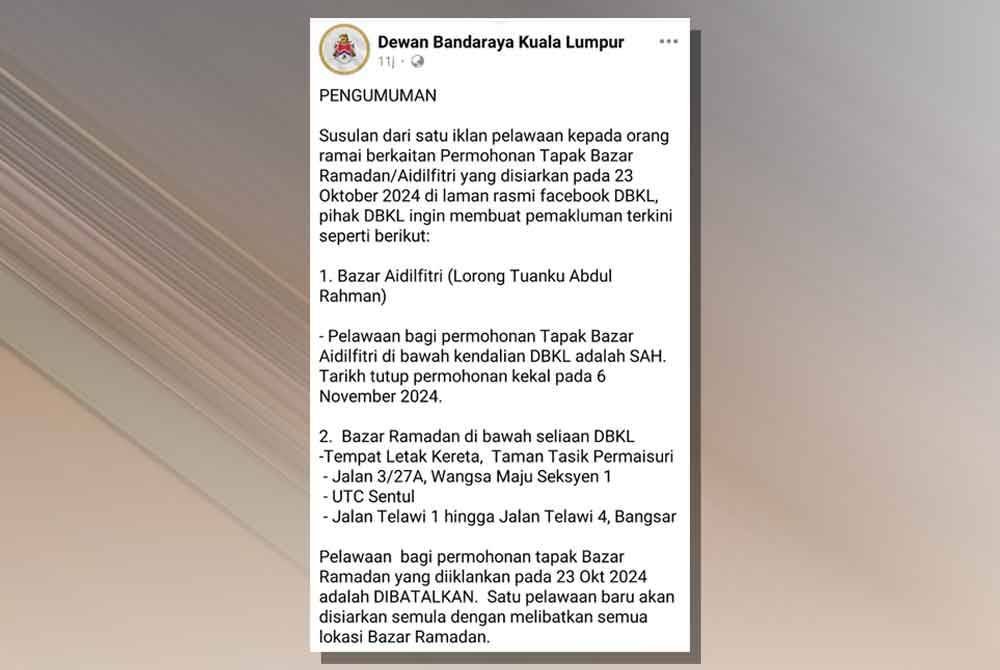 DBKL memaklumkan mengenai pengumuman terkini berhubung status pelawaan bagi permohonan tapak bazar Ramadan.