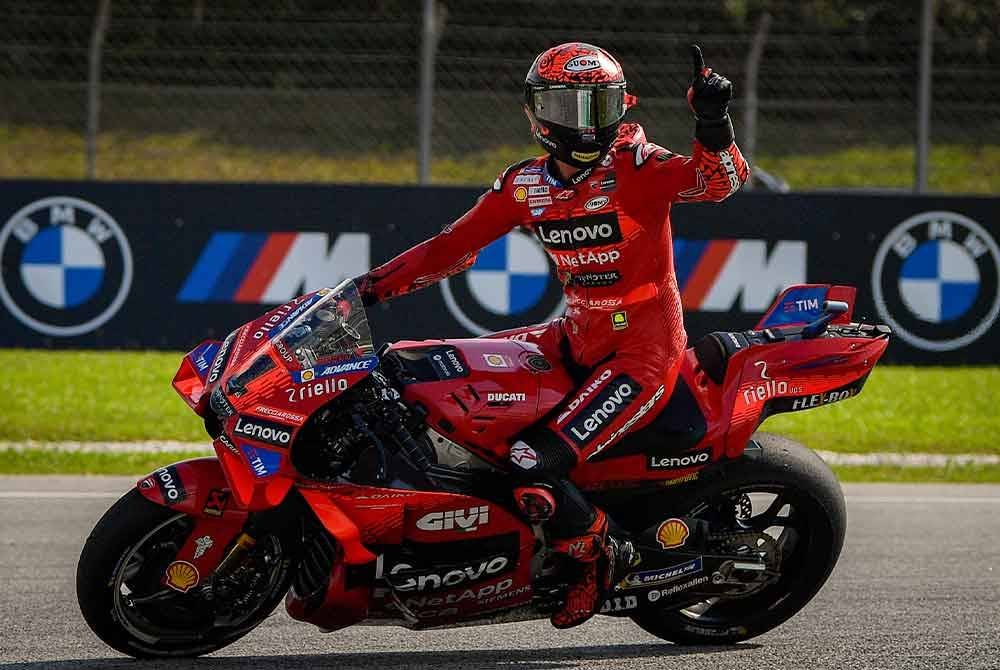 Gelagat Francesco Bagnaia yang menjuarai perlumbaan Grand Prix Motosikal (MotoGP) Malaysia 2024 di Litar Antarabangsa Petronas Sepang hari ini. Foto Bernama