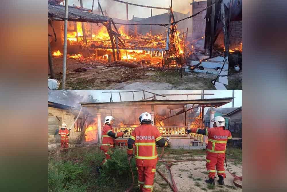 Pasukan bomba bertungkus-lumus memadam kebakaran dua rumah di Pantai Genting, Tumpat. Foto bomba