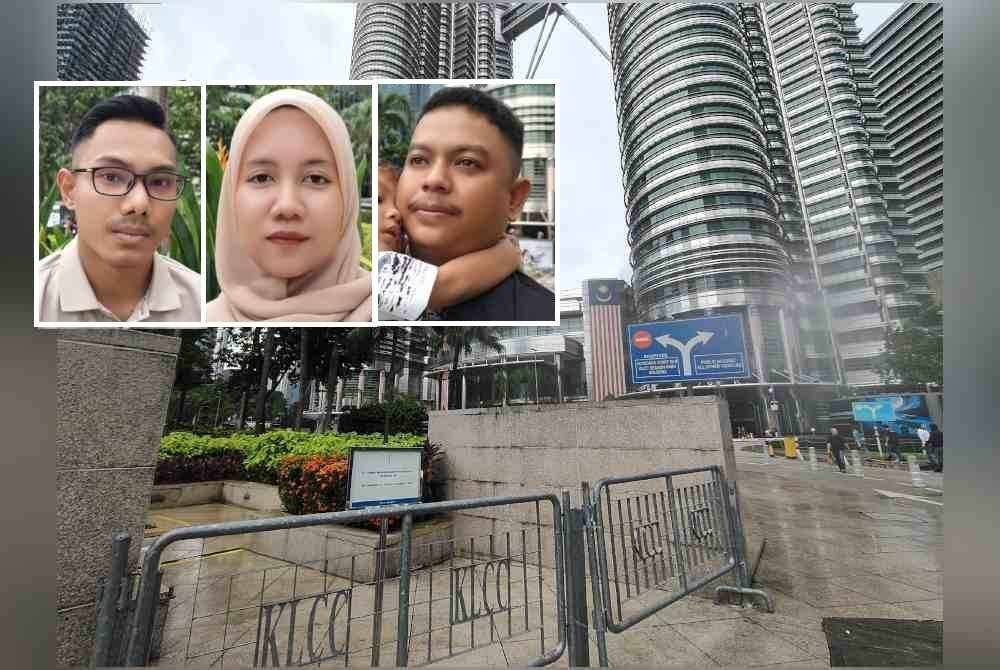 Notis larangan menjalankan sebarang bentuk perniagaan di kawasan awam, pekarangan KLCC. Gambar kecil: Mohd Othman, Fazlina, Supriadi