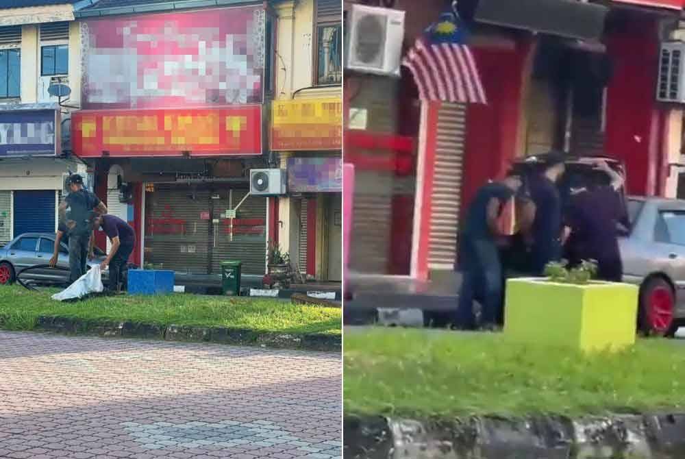 Tangkap layar gambar dan video tular memaparkan tiga lelaki berpakaian gelap sedang memunggah barangan sebelum memasukkan ke dalam kenderaan.