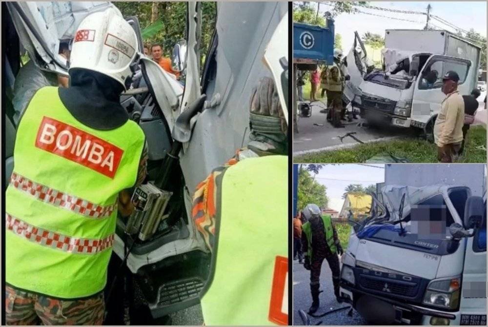 Seorang wanita maut manakala anaknya cedera selepas lori yang dinaiki terlibat dalam kemalangan dengan sebuah lagi lori yang membawa muatan kayu di Kilometer 350.3 Lebuhraya Utara Selatan (PLUS) arah Utara dekat Bidor, petang Selasa. Foto JBPM