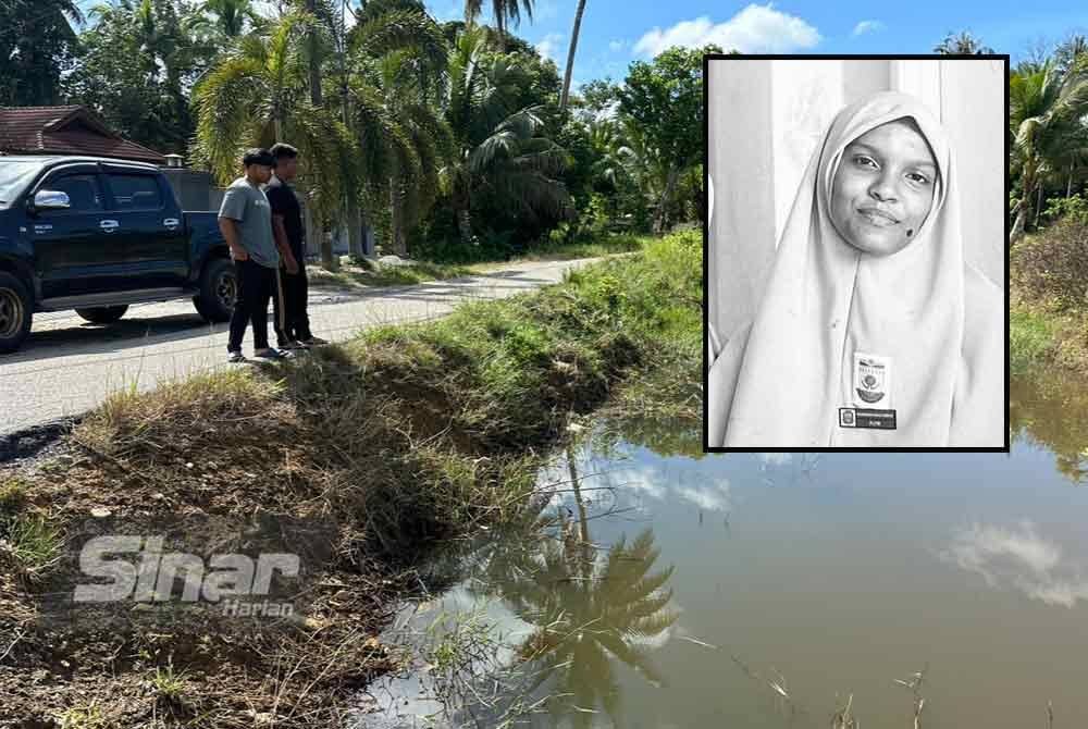 Sepupu-sepupu mangsa menunjukkan tempat kejadian di tali air di Kampung Pangkal Pisang, Peringat, Kota Bharu. Gambar kecil: Ainun Mardiah - FOTO SINAR HARIAN-ADILA SHARINNI WAHID.