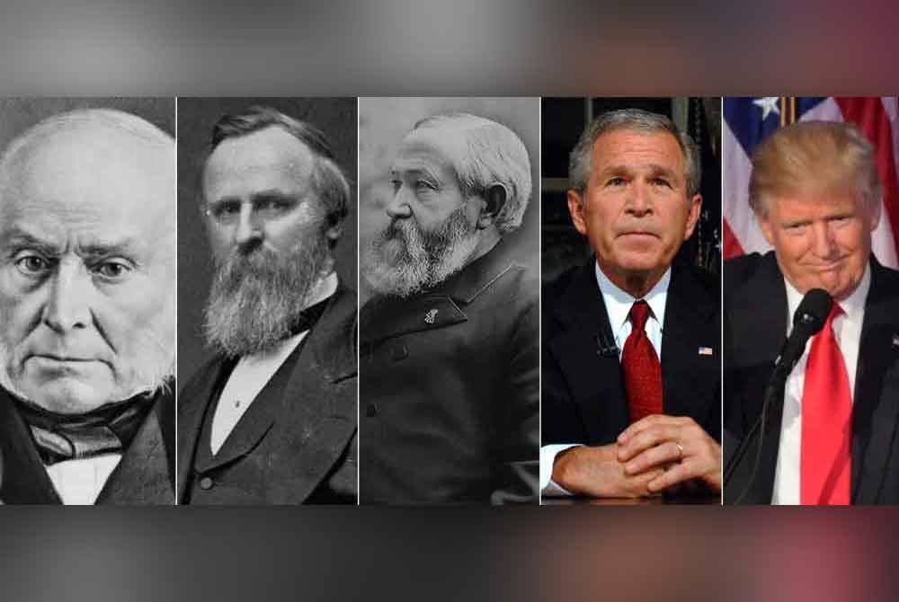 Dari kiri: John Quincy Adams, Presiden AS ke-6, Rutherford B. Hayes,Presiden AS ke-19, Benjamin Harrison, Presiden AS ke-23, George W. Bush, Presiden AS ke-43, dan Donald Trump, Presiden AS ke-45