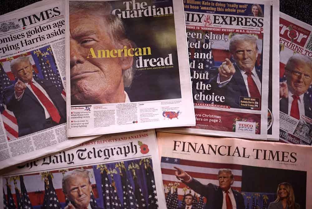 Muka depan beberapa akhbar nasional Britain mengenai pemilihan semula Presiden AS Donald Trump. Foto AFP