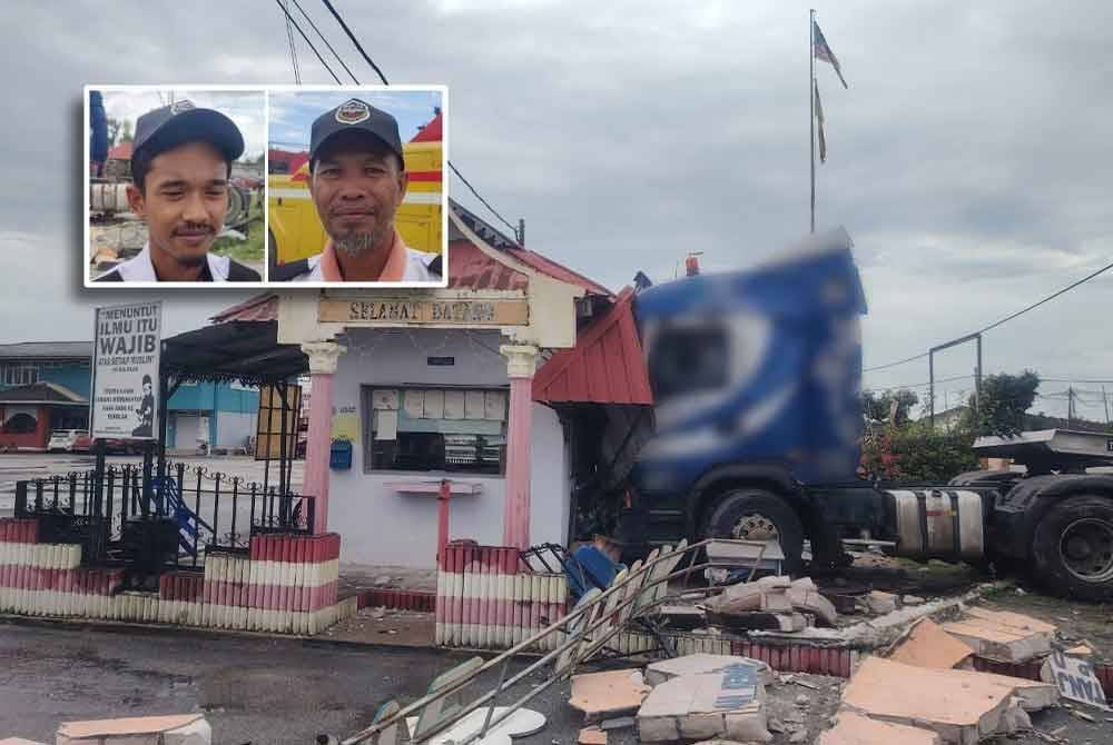 Keadaan pondok keselamatan SK Tanjong Karang akibat dirempuh treler dalam kejadian pada Jumaat. Gambar kecil: Mohd Arif dan Azmi