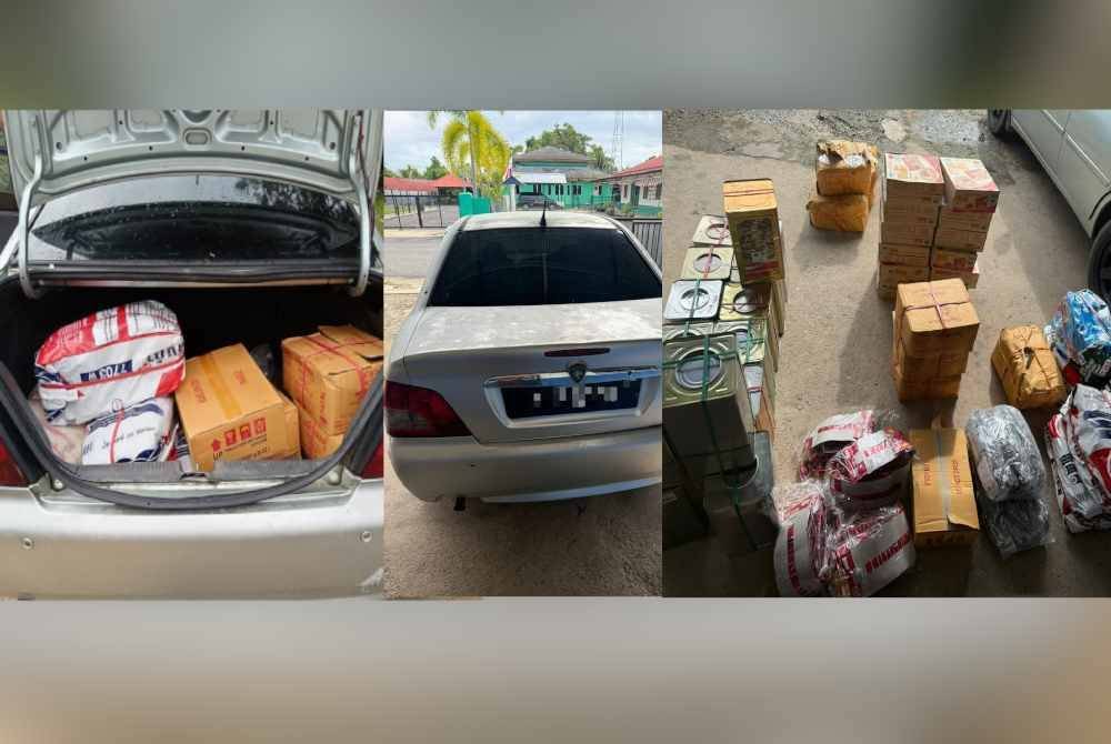 Hasil pemeriksaan menjumpai pelbagai kotak barang runcit dipercayai diseludup dari Thailand di dalam kereta berkenaan dengan anggaran nilai RM9,360. Foto FB PGA Batalion 9