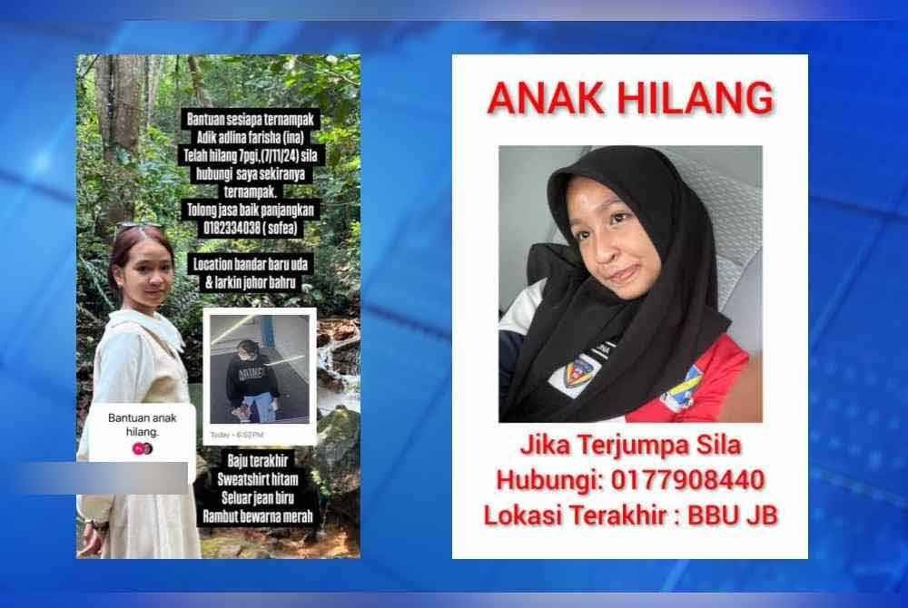 Berita kehilangan Nur Farisah Adlina yang tular di media sosial.