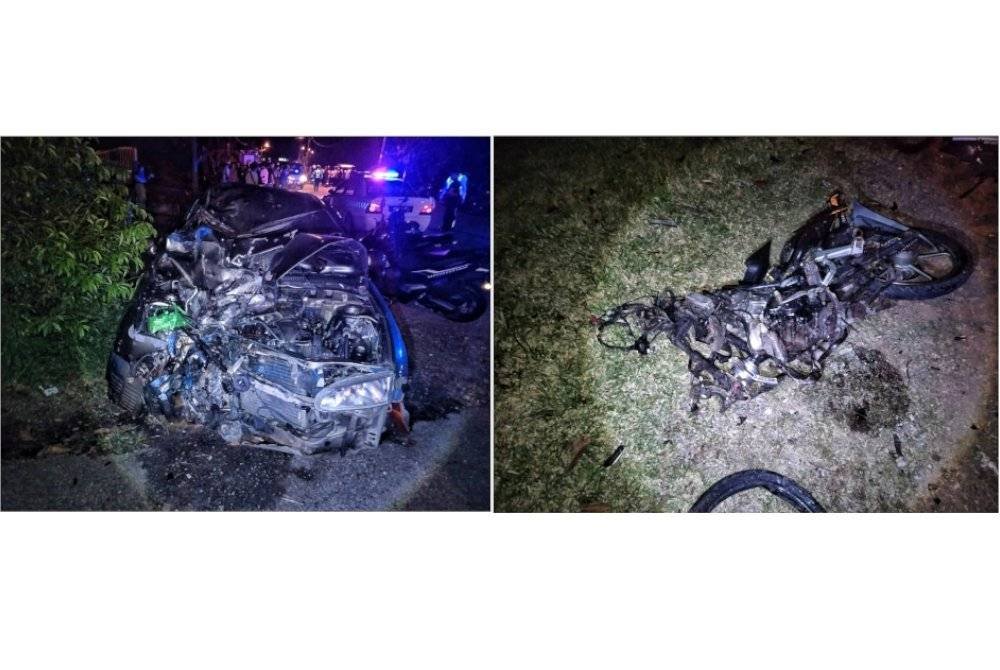 Kereta Proton Wira dan motosikal yang terlibat dalam kemalangan di Jalan Jeram Masijd Tanah pada malam Isnin.