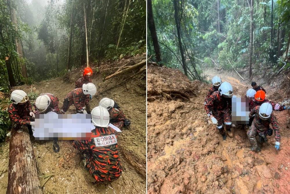 Anggota bomba membawa mayat mangsa yang dihempap sebatang pokok balak. Foto
Balai Bomba dan Penyelamat Al-Muktafi Billah Shah