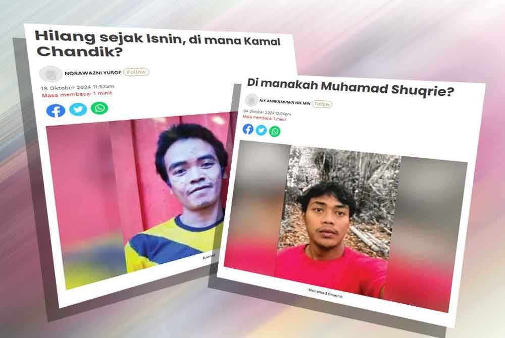 Keratan akhbar Sinar Harian mengenai laporan kehilangan Kamal Chandik dan Muhamad Shuqrie.