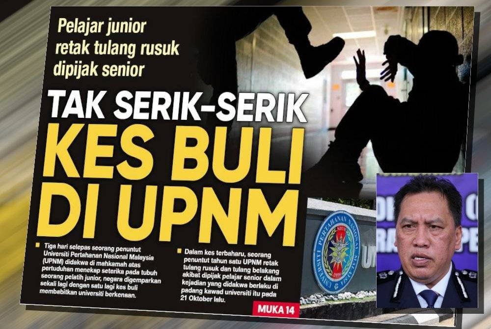 Laporan muka depan Sinar Harian mengenai kes buli membabitkan pelatih Tahun Satu UPNM yang mengalami keretakan pada tulang rusuk dan tulang belakang. (Gambar kecil: Datuk Rusdi Mohd Isa)