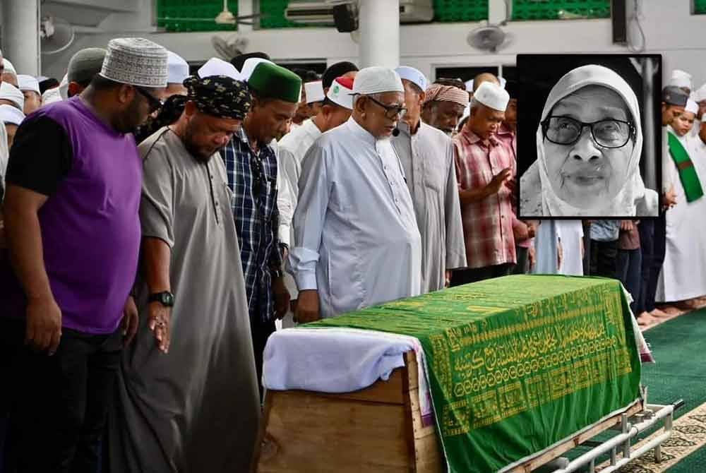 Abdul Hadi mengimamkan solat jenazah ibu mentuanya di Masjid Rusila, Marang. Gambar kecil: Allahyarhamah Dayang