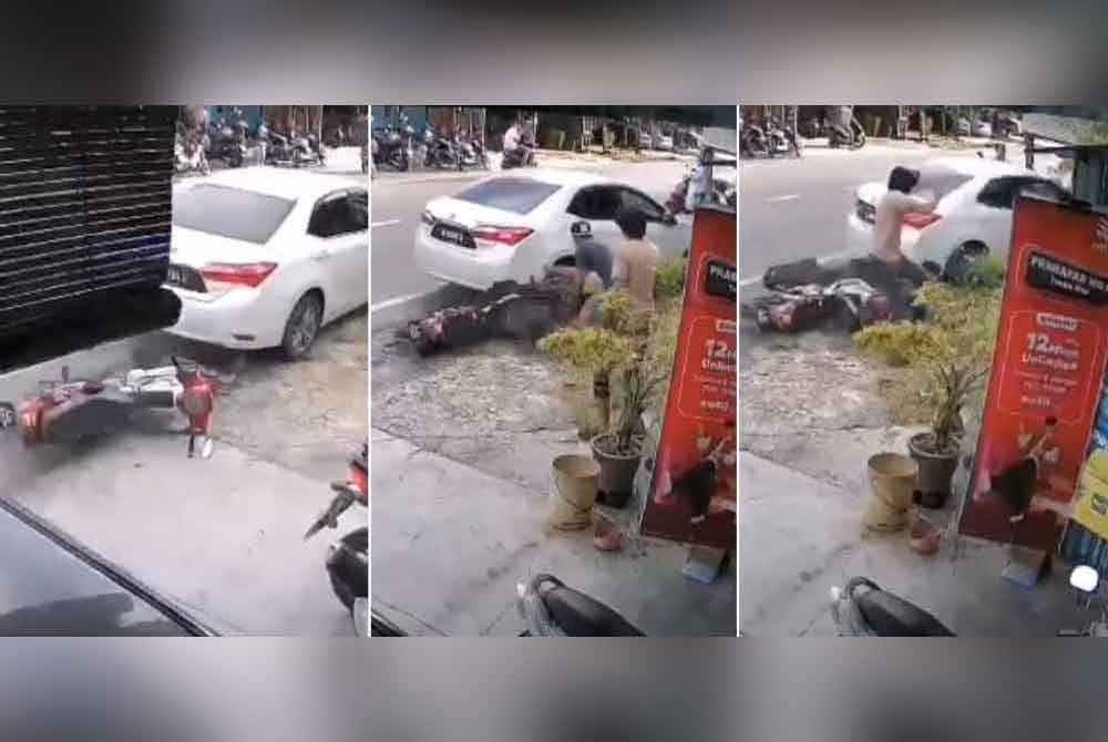 Tangkap layar video tular memaparkan kejadian sebuah kereta melanggar sebuah motosikal dinaiki dua lelaki.