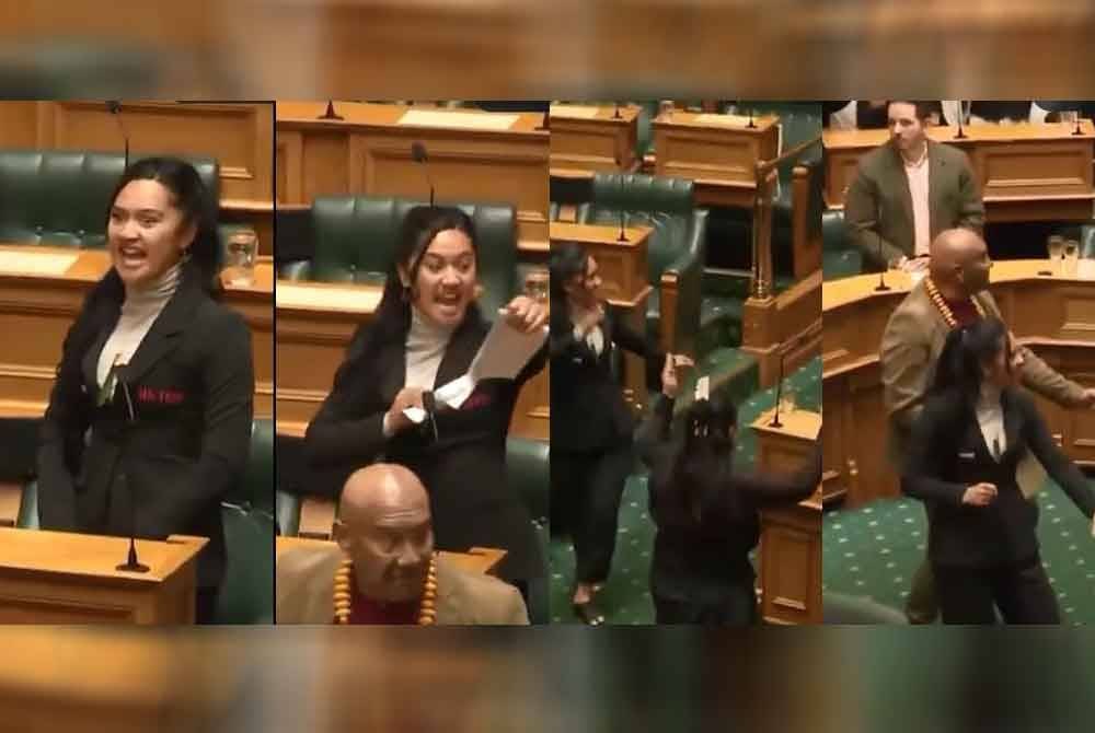 Ahli Parlimen Te Pati Maori berdiri dan memulakan haka, tarian tradisional Maori yang terkenal oleh pasukan ragbi New Zealand.