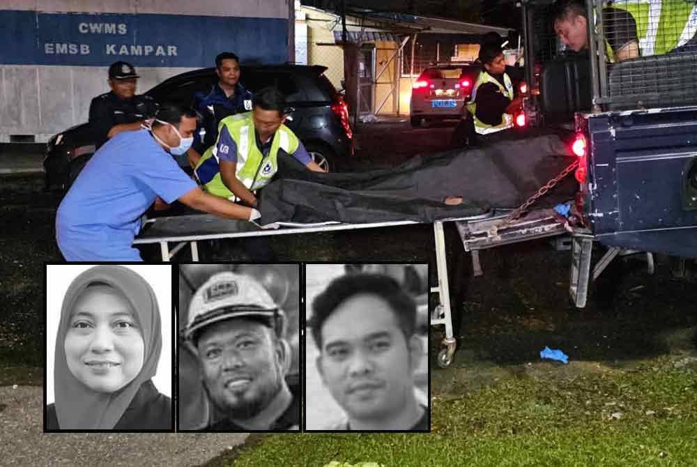 Jenazah ketiga-tiga mangsa tragedi kepala air tiba di Unit Forensik, Hospital Kampar untuk dibedah siasat. Gambar kecil dari kiri: Suhaili Mat Saad, Mohamad Khairul Hakim Hamidi, Muhammad Ikram Abdul Bari