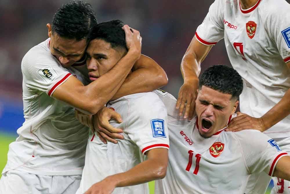 Pemain Indonesia meraikan jaringan ketika berdepan Arab Saudi di Stadium Gelora Bung Karno. Foto AFP