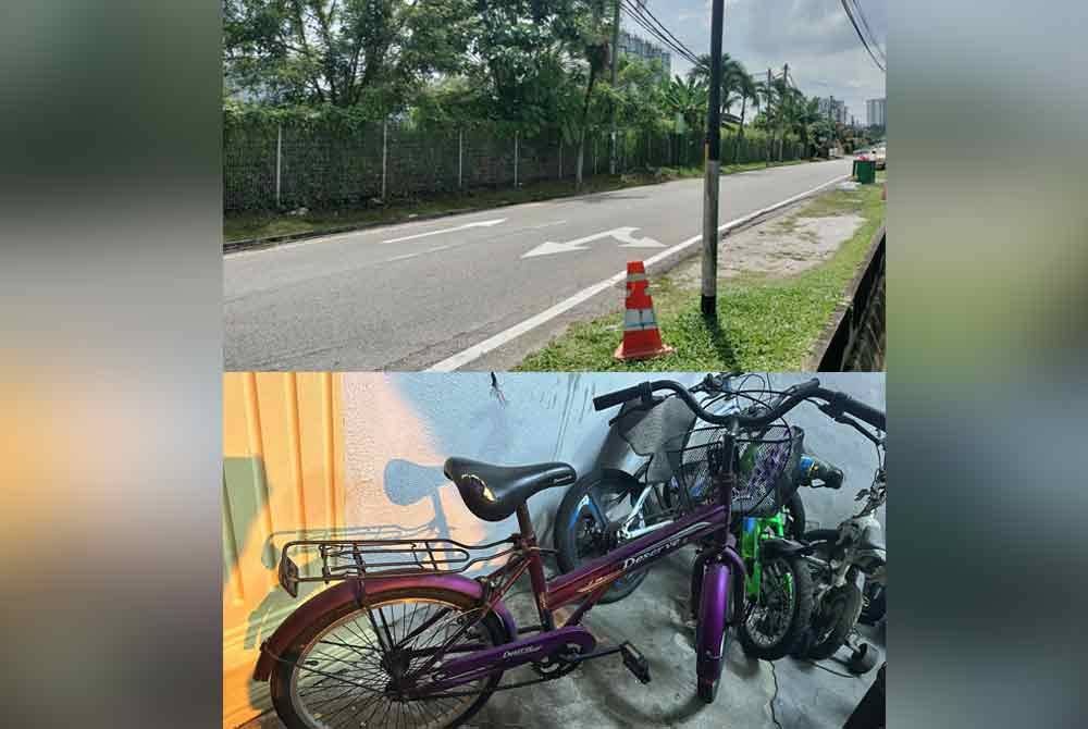 Lokasi kejadian (atas) seorang kanak-kanak berusia 10 tahun yang terjatuh sendiri apabila seluarnya tersangkut di rantai basikal di Jalan Stesen Kuang, Sungai Buloh, Selangor pada Jumaat. Foto: PDRM.