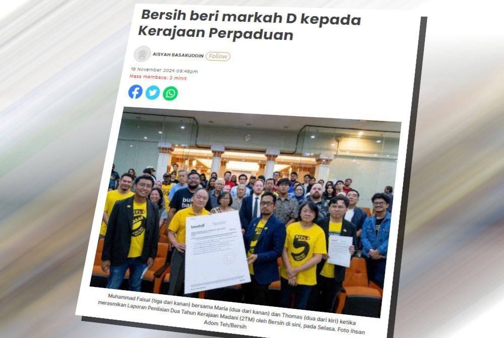 Bersih memberikan gred D iaitu 45.8 peratus menerusi penilaian pertengahan penggal kepada Kerajaan Perpaduan yang sudah mentadbir negara selama dua tahun.