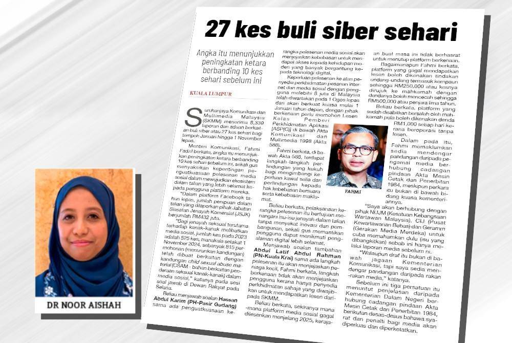 Laporan Sinar Harian pada Selasa. (Gambar kecil: Dr Noor Aishah)