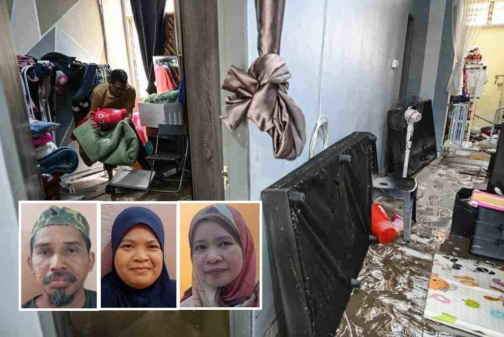 Penduduk, Ahmad Zulhaaq Ismail, 42, giat melakukan kerja-kerja pembersihan selepas banjir surut ketika tinjauan di RMM Teluk Kalong pada Khamis. Foto Bernama. Gambar kecil: Mohd Noor, Nadia, Azlina