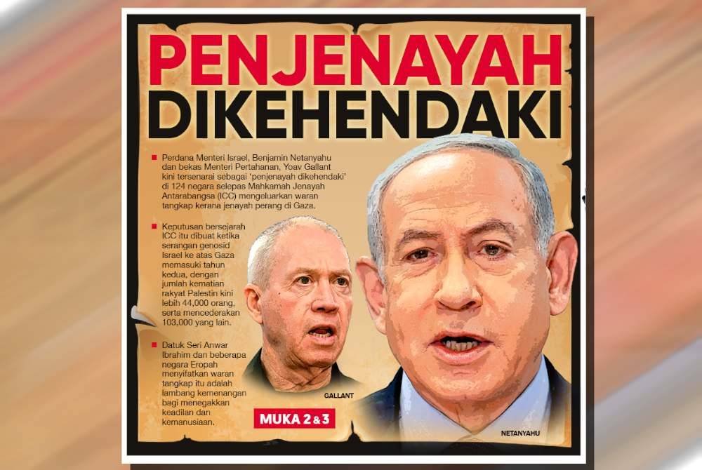 Laporan muka depan Sinar Harian pada Sabtu melaporkan mengenai keputusan ICC mengeluarkan waran tangkap ke atas Benjamin Netanyahu.