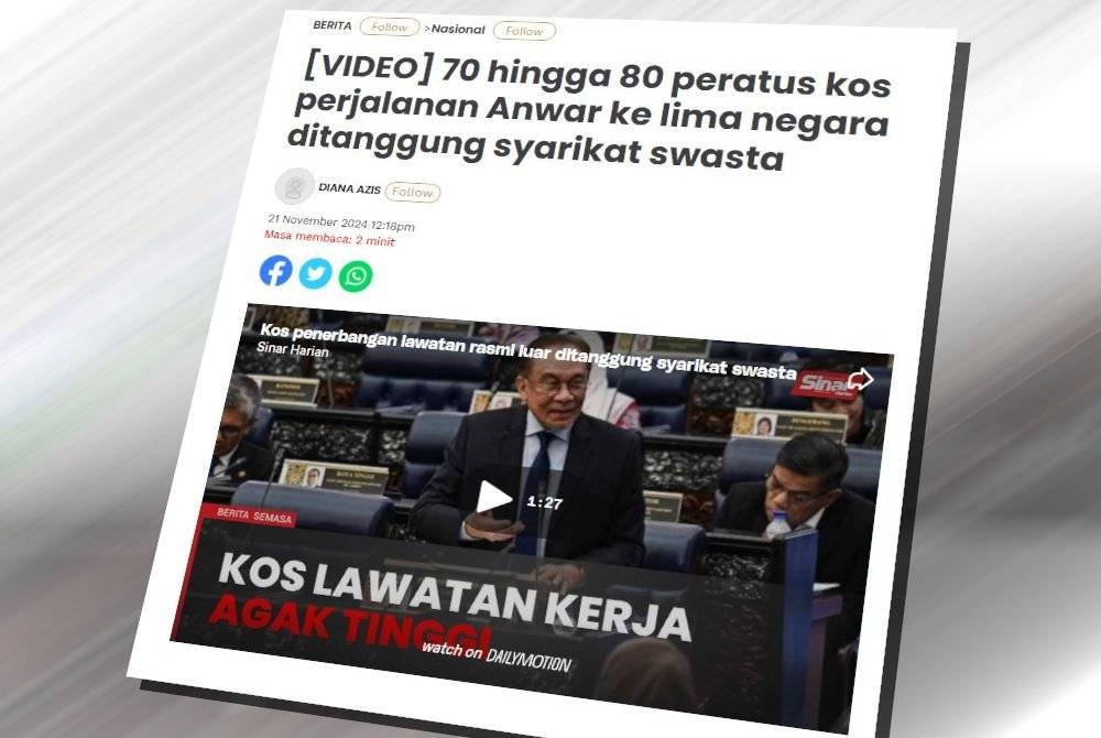 Laporan Sinar Harian pada Khamis mengenai 70 hingga 80 peratus kos perjalanan Anwar ke lima negara ditanggung syarikat swasta.