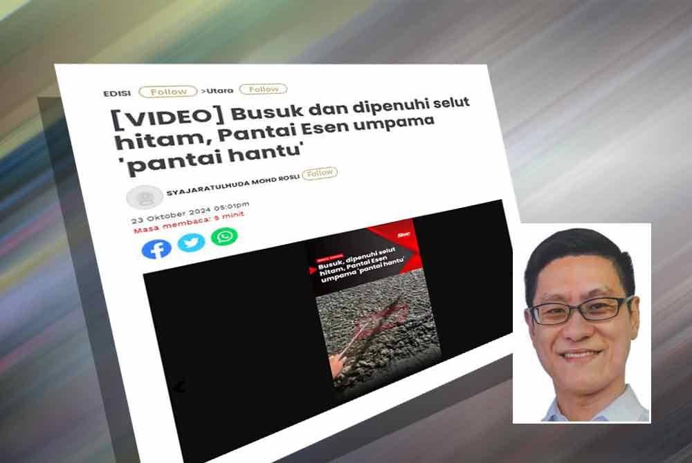 Laporan Sinar Harian mengenai pencemaran Pantai Esen dengan bau busuk dan dipenuhi selut hitam. Gambar kecil: Zairil