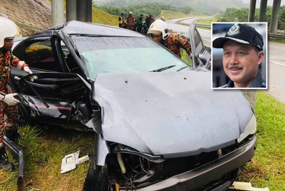 Kereta yang rosak teruk akibat kemalangan. (Gambar kecil: Mohd Yusri) Gambar hiasan