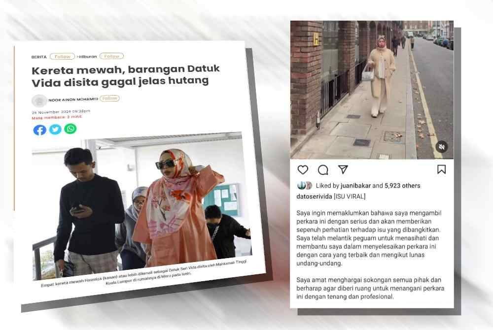 Laporan Sinar Harian. Tangkap layar Datuk Seri Vida yang memberi maklum balas berhubung isu asetnya yang disita di Meru, Ipoh pada Isnin.