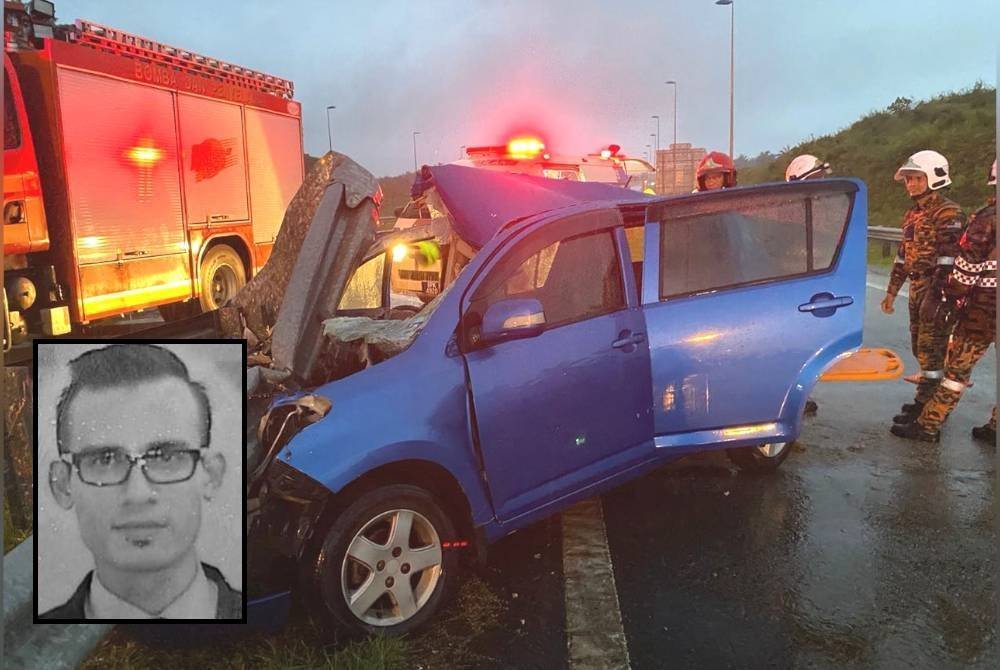 Keadaan Perodua Myvi dipandu Mohd Noor (gambar kecil) selepas merempuh besi penghadang jalan.