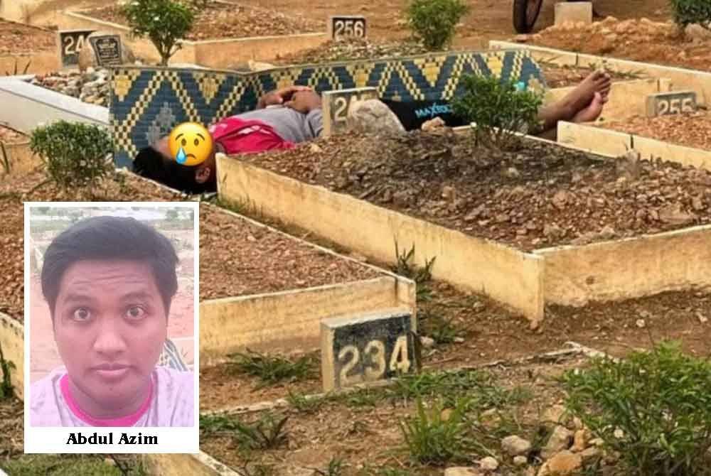 Abdul Azim yang dilihat sedang berehat di samping pusara ibu tercinta. FOTO/ Facebook Su Ahmad.