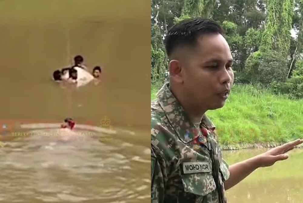 Sarjan Mohd Nor Khalid (kanan) menceritakan kembali dia berenang ke tengah tasik di Puncak Alam, Selangor bagi menyelamat empat remaja yang hampir lemas setelah sampan dinaiki mereka karam pada Ahad.
Foto: TDM