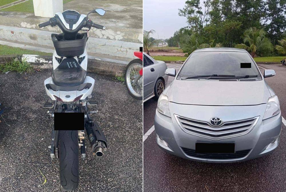 Motosikal yang dirampas hasil serbuan yang dijalankan di Pontian dan Iskandar Puteri. Gambar kanan: Kereta yang dirampas hasil serbuan yang dijalankan di Pontian dan Iskandar Puteri. - Foto IPK Johor