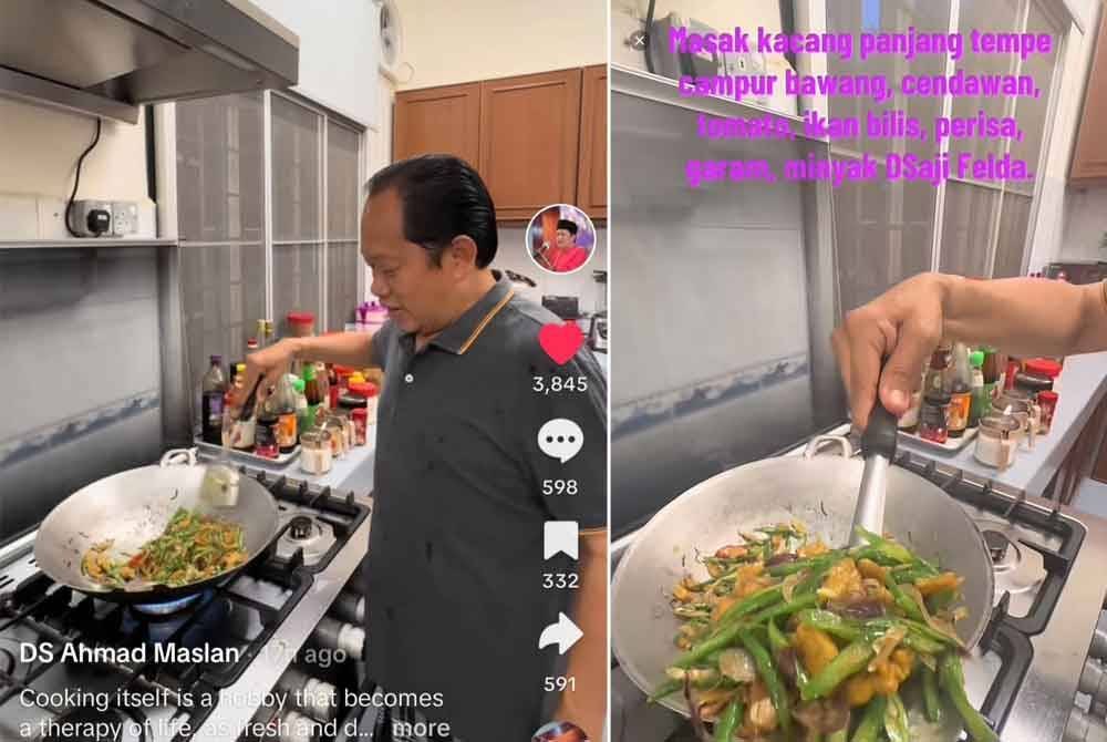 Ahmad Maslan sedang menggoreng kacang panjang tempe di rumahnya.