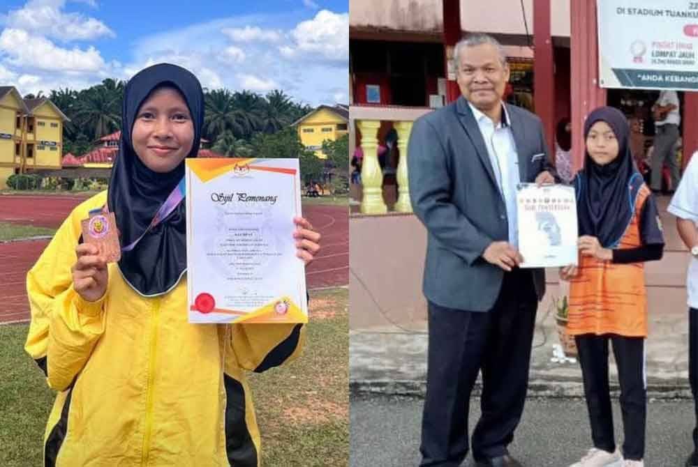 Puteri Sajidah bersama medal dan sijil yang dimenangi dalam sukan olahraga. Foto kanan: Siti Fatimah menerima sijil dalam aktiviti sukan yang disertainyabdi SMK Ajil, Hulu Terengganu.