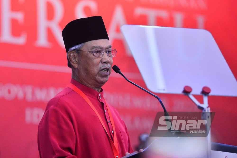 Muhyiddin menyampaikan ucapan dasar pada Perhimpunan Agung Tahunan (PAT) Bersatu kali ke-7 pada Sabtu. FOTO SINAR HARIAN - ASRIL ASWANDI SHUKOR.