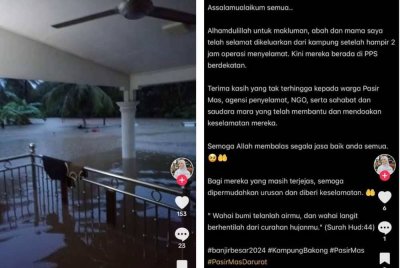 Pengguna TikTok dengan nama Syzmira.bakri membuat hantaran mengenai ayah dan ibunya yang terperangkap di Kampung Bakong, Pasir Mas petang semalam.