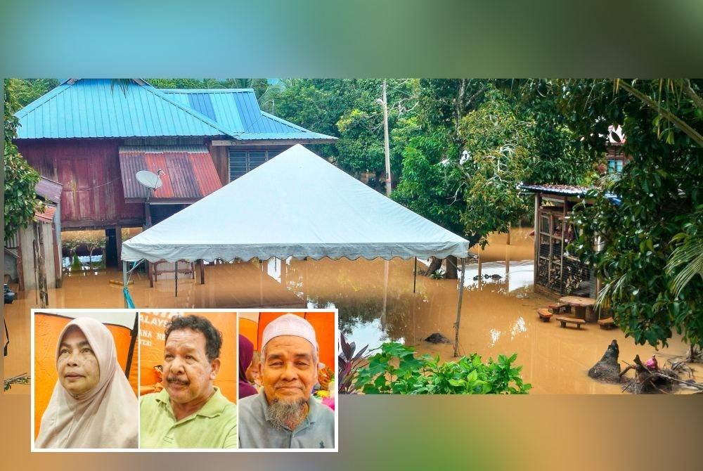 Keadaan banjir di Kampung Lechar yang mengejutkan penduduk terlibat. (Gambar kecil: Rabiah, Nor Adli, Abdul Wahab)